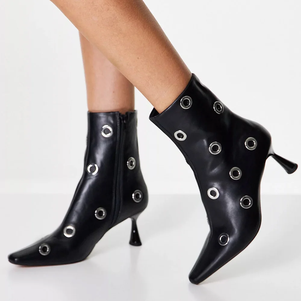Black Leather Booties Pointed Toe Ankle Boots With Circle Decors Nicepairs