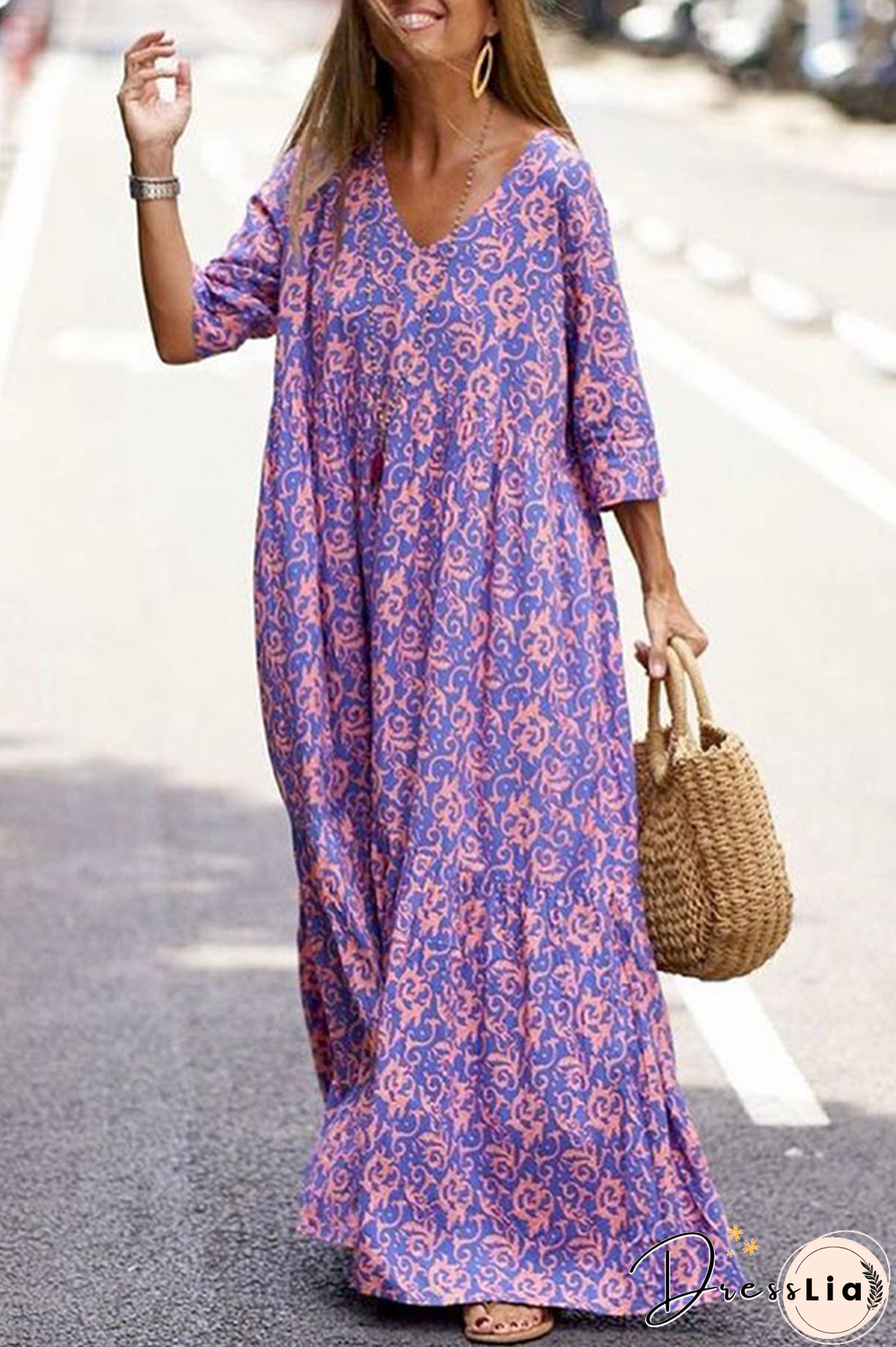 Fashion Print Patchwork V Neck Straight Dresses