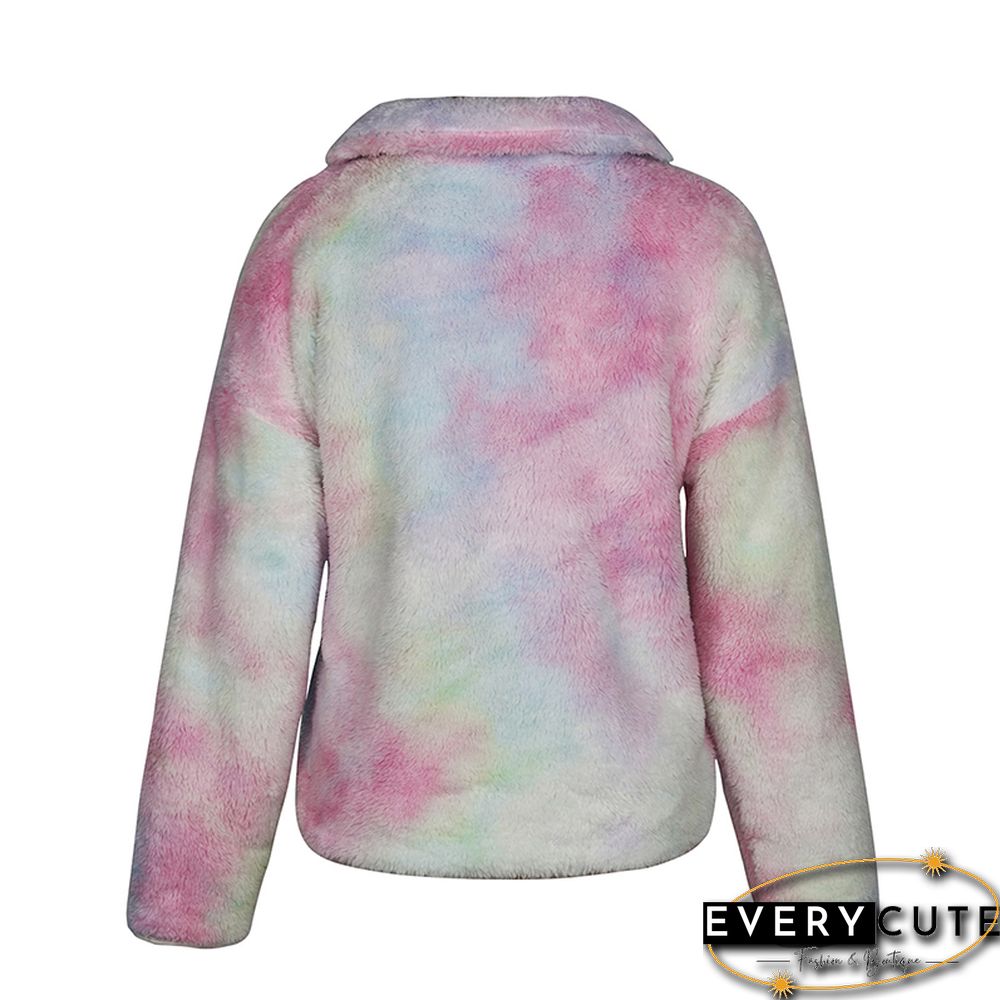 Light Pink Tie Dye Print Zip Neck Plush Sweatshirt