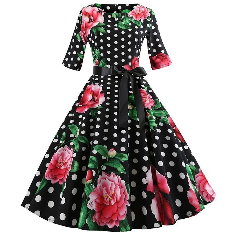 Women Floral Print Vintage Dress Long Sleeve Elegant Party Dress Plus Size