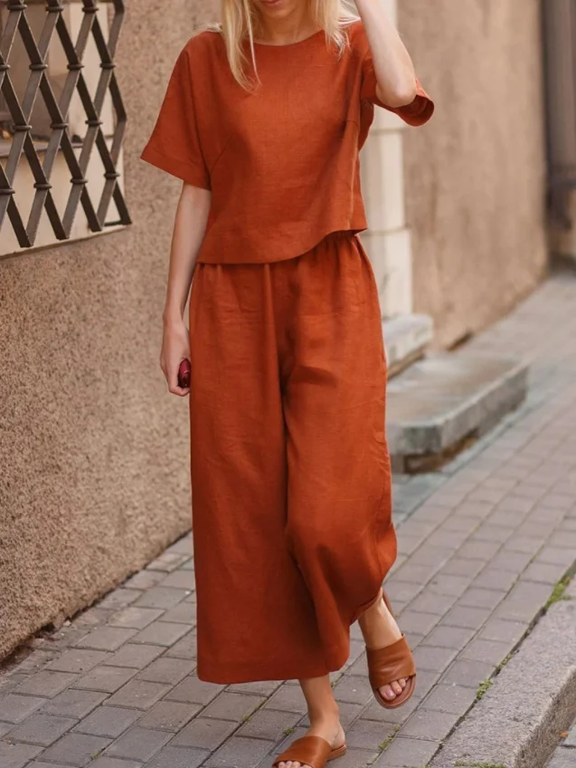 Women's Loose Solid Color T-Shirt Wide Leg Pants Matching Set