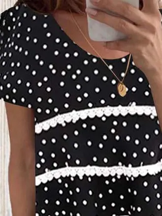 Women Short Sleeve Scoop Neck Polka Dot Printed Tops