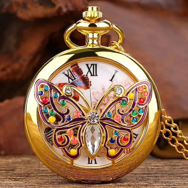 Rhinestone Butterfly Quartz Pocket Watch