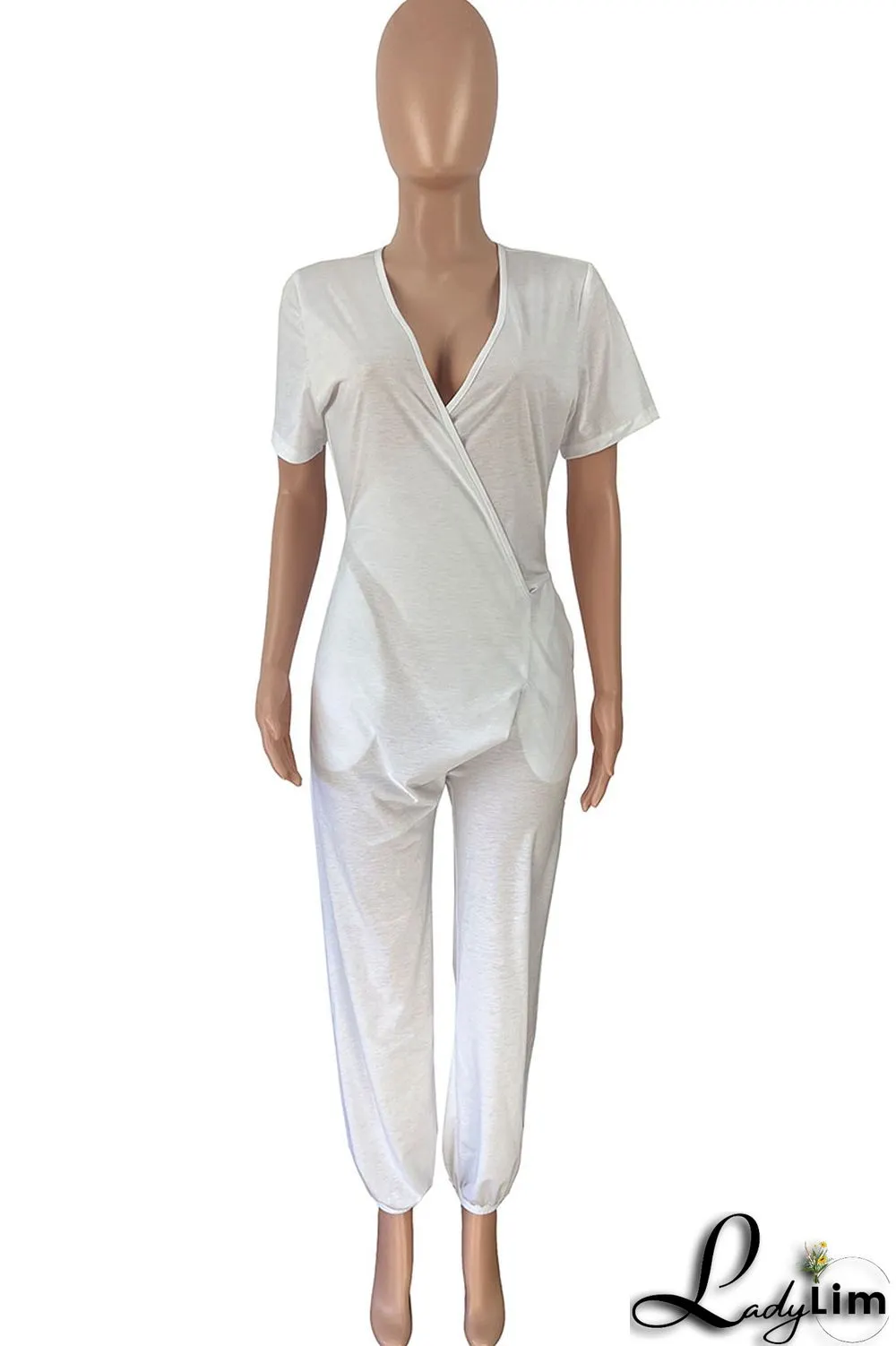 White Casual Solid Patchwork Asymmetrical V Neck Loose Jumpsuits