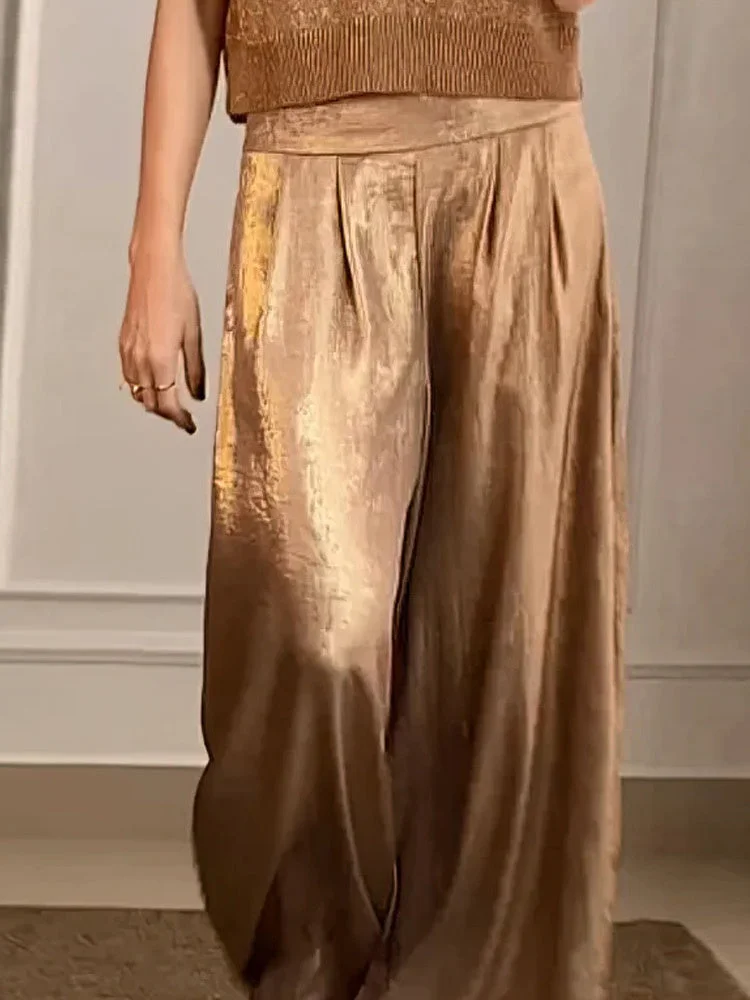 Women's Solid Color High Waisted loose Casual Wide-leg Pants