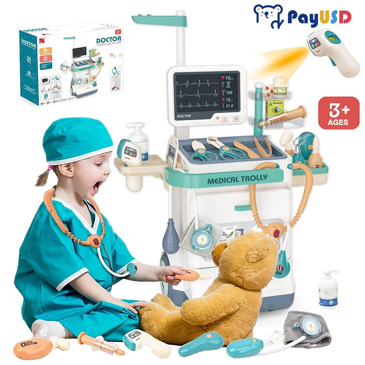 PayUSD Doctor Play Set Doctor Kit for Kids Pretend Play Medical Station Set for Boys & Girls 26 Accessories Mobile Cart with Sound and and Light and Thermometer Kids Doctor Toys for Toddlers 3-5