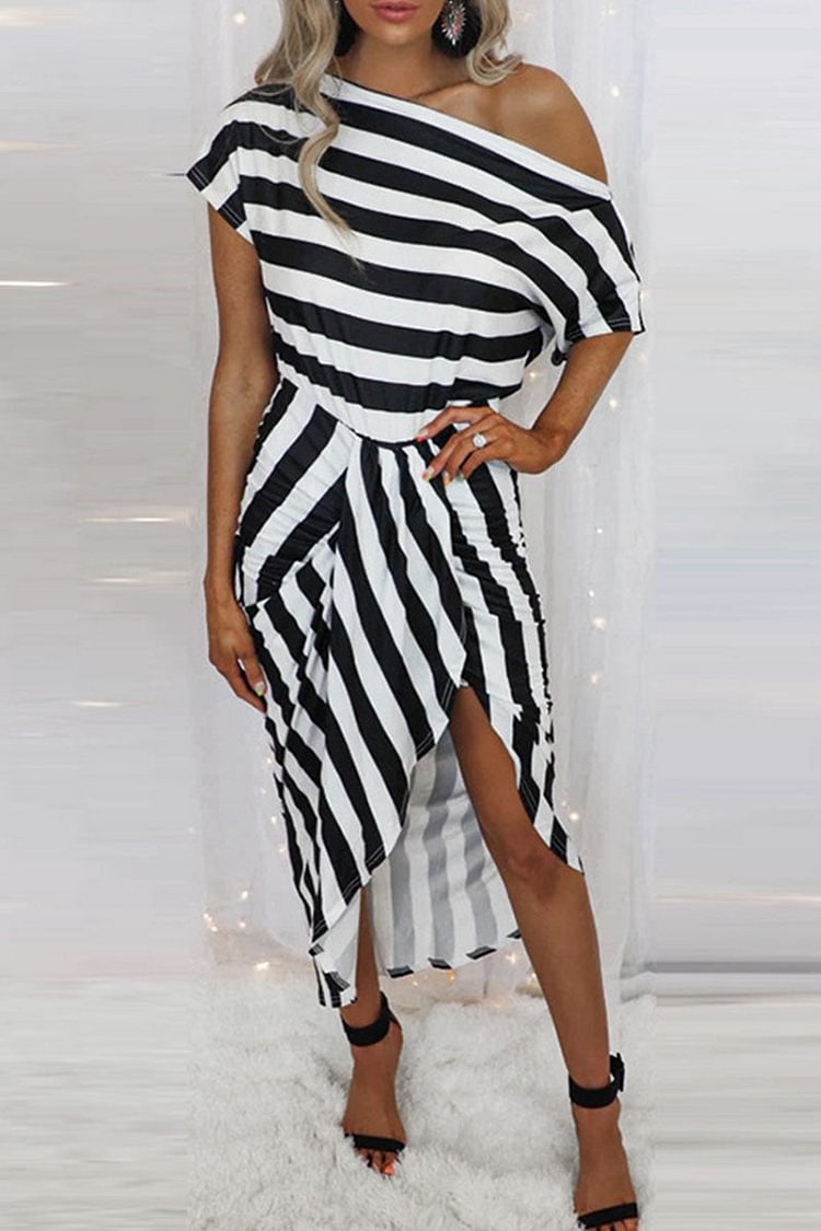 Fashion Street Striped Split Joint Off the Shoulder Irregular Dresses