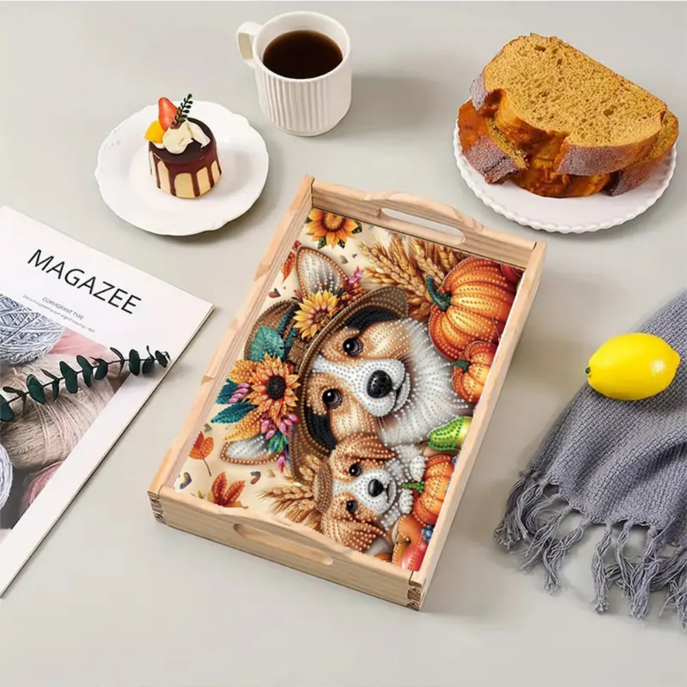 5D DIY Wooden Autumn Dog Diamond Painting Serving Tray for Home Decor