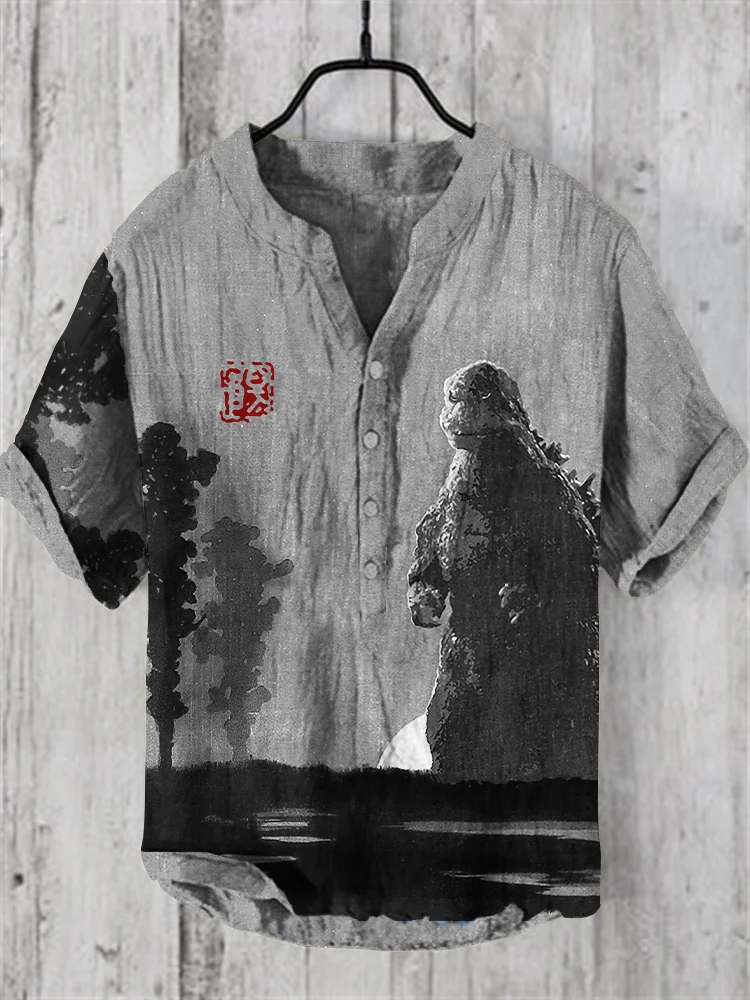 Vintage Godzilla Art Pattern Linen Blend Shirt