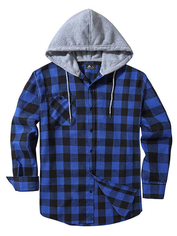 Men's Casual Plaid Pattern Print Single Breasted Hooded Shirt