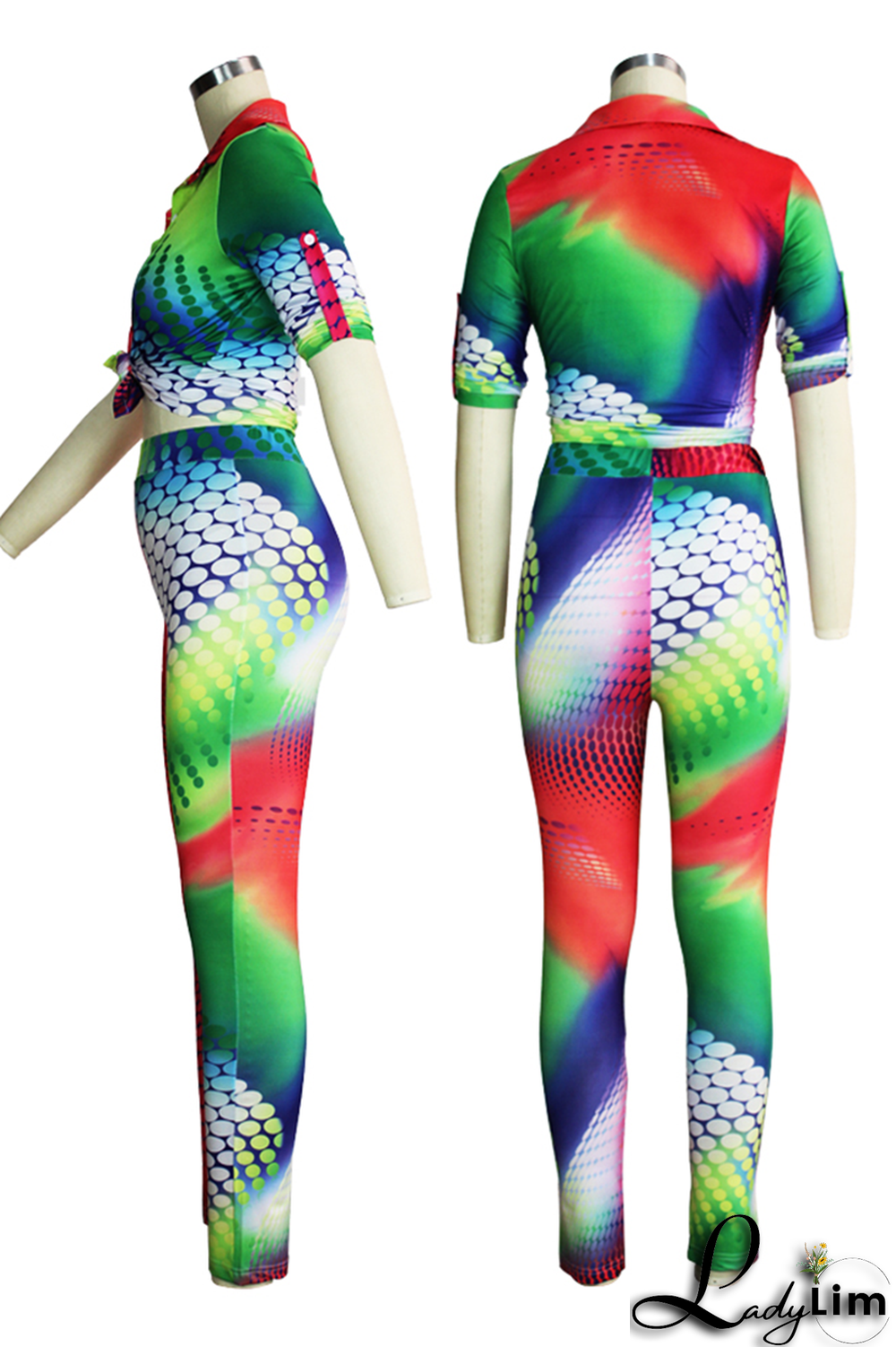 Yellow Sexy Patchwork Tie-dye Turndown Collar Long Sleeve Two Pieces