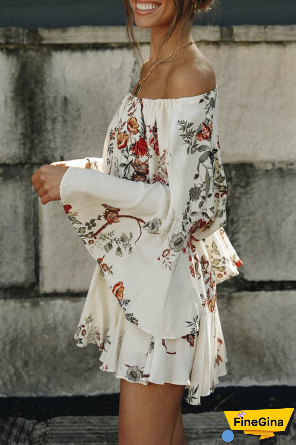 Fashion Casual Floral Split Joint Frenulum Off The Shoulder A Line Dresses