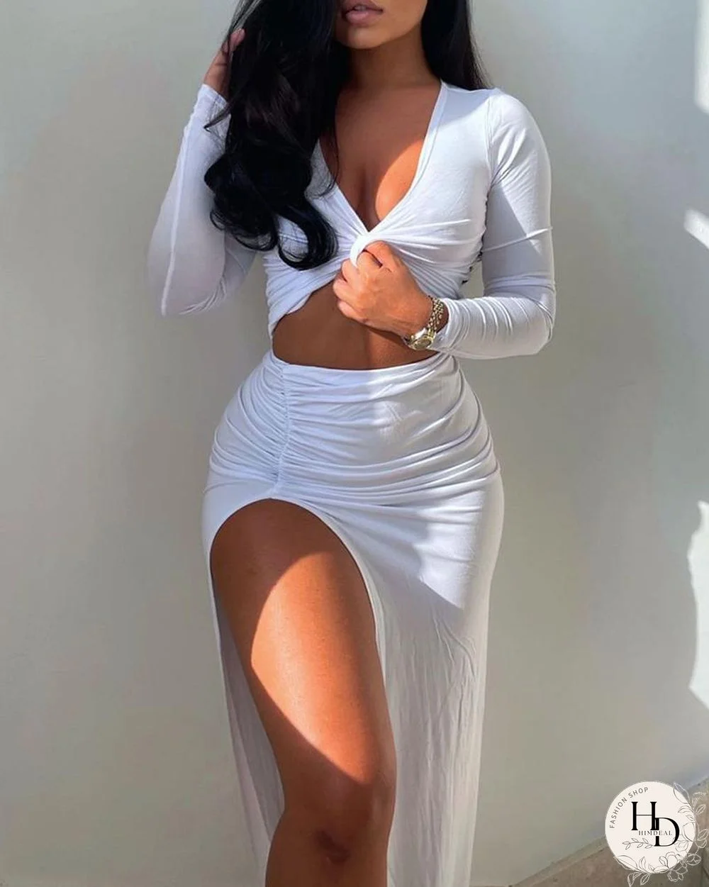 Solid Color Long Sleeve Crop Top & Split Thigh Skirt Set