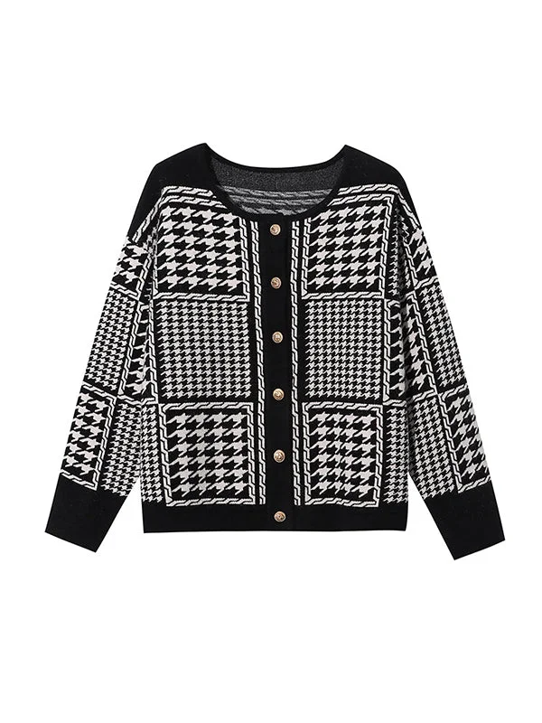 Contrast Color Houndstooth Split-Joint Long Sleeves Roomy Round-Neck Cardigan Tops