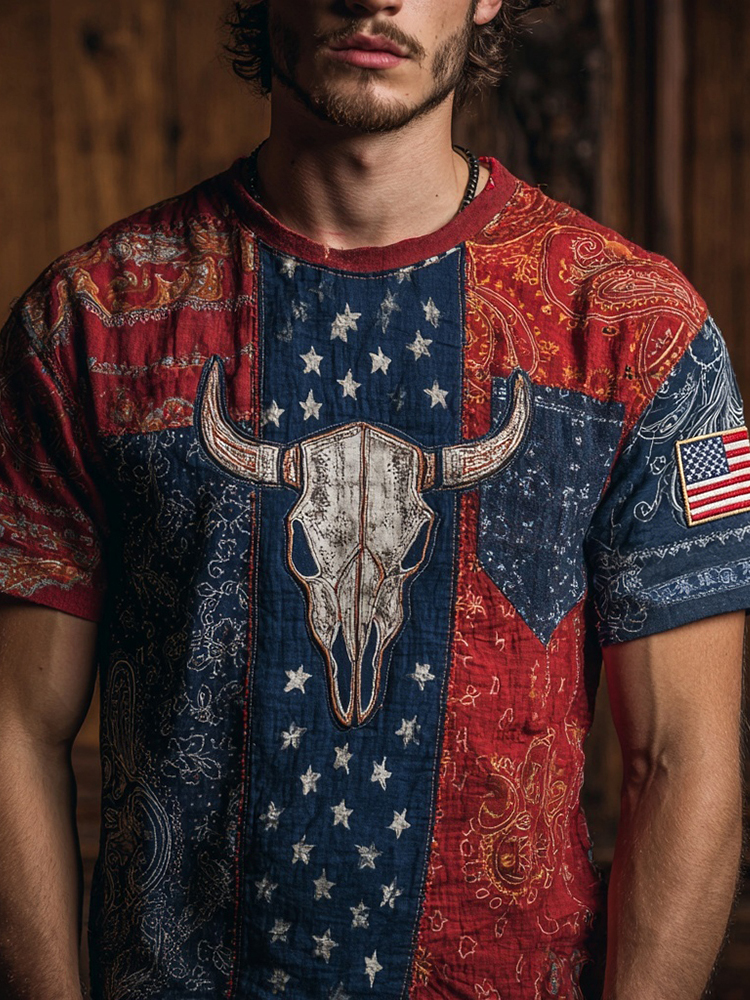  Men's Independence Day Bull Skull Inspired Patchwork Art T Shirt Westsshops