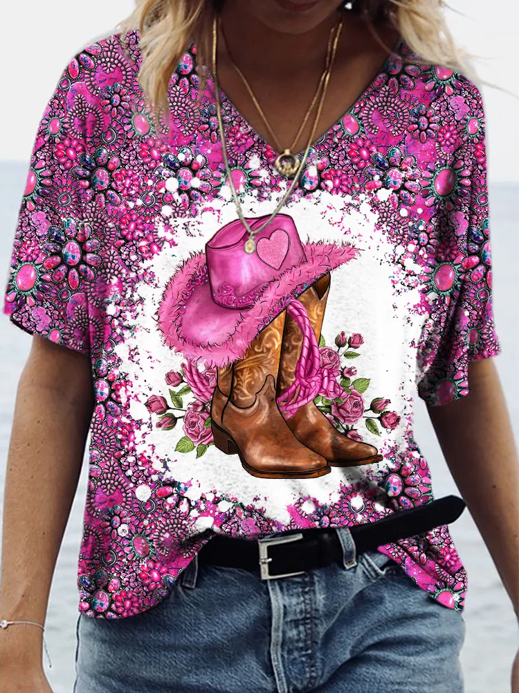 VChics Western Cowgirl Boots & Pink Stone Graphic V Neck T Shirt