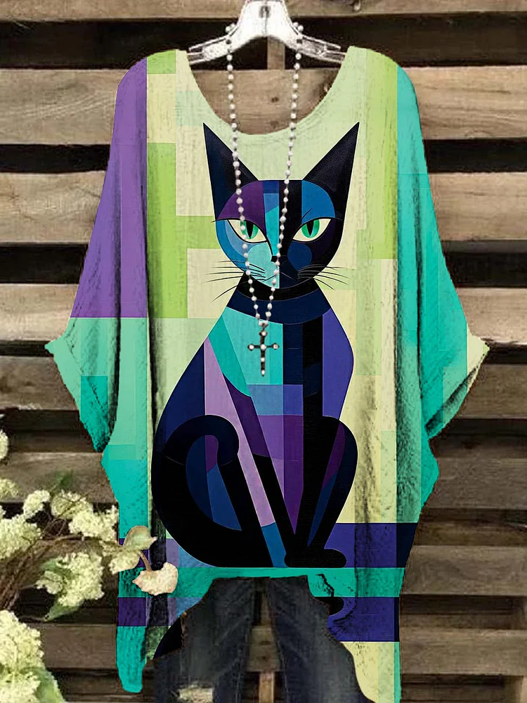 Women's Retro Cartoon Colorful Cat Pattern Round Neck Top