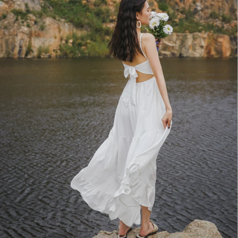 Churchf Churchf Travel Photo Clothes Female Summer Seaside Vacation Beach Dress Super Fairy Temperament Show Back Sling Dress