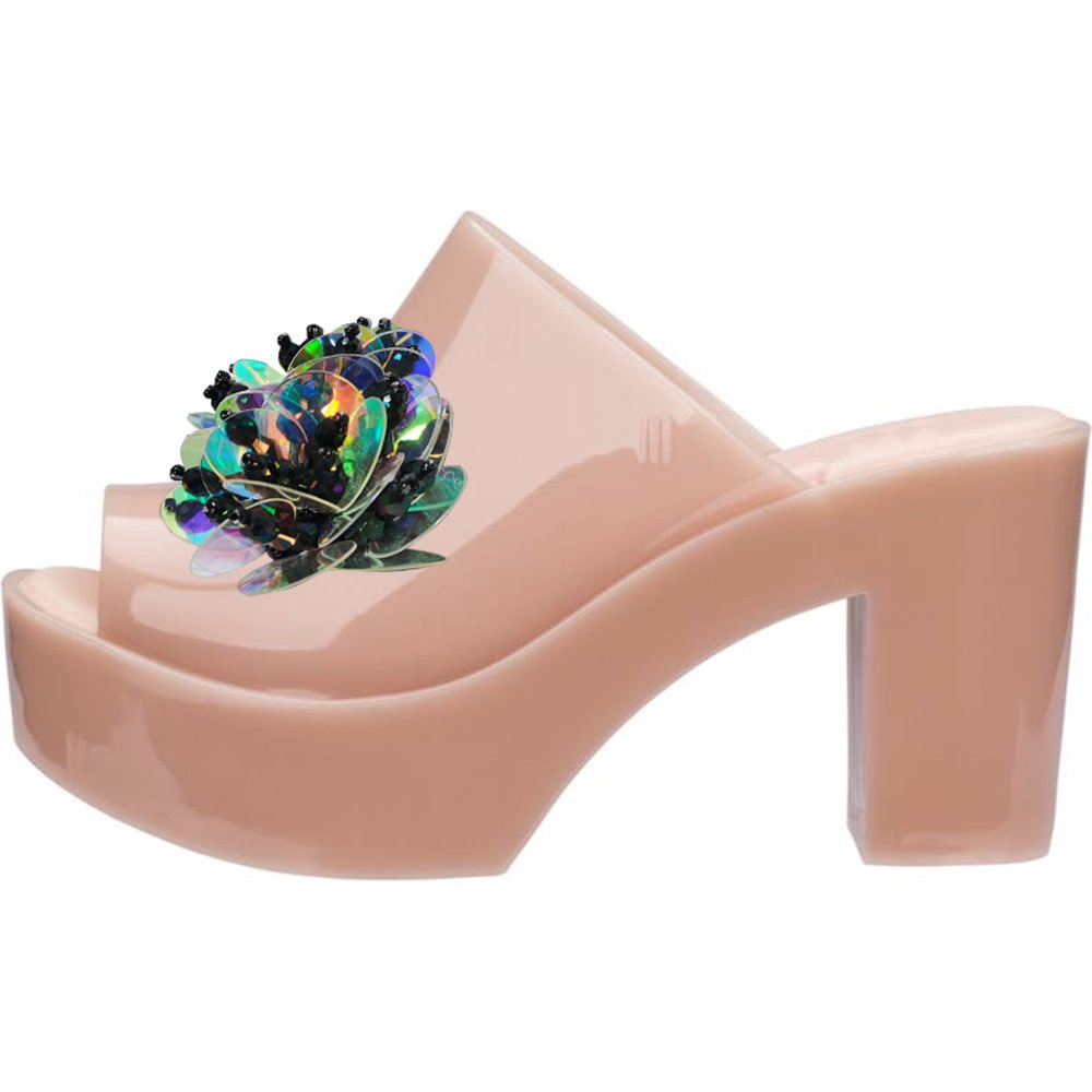 Beige PVC Peep Toe Wide Band Sequin Decor Platform Mules With Chunky Heels Nicepairs