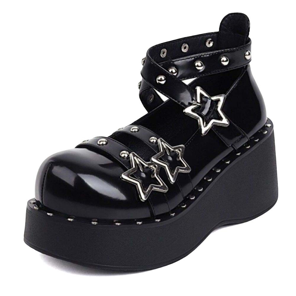 Black Patent Leather Round Toe Y2K Studded Strappy Platform Heels Nicepairs
