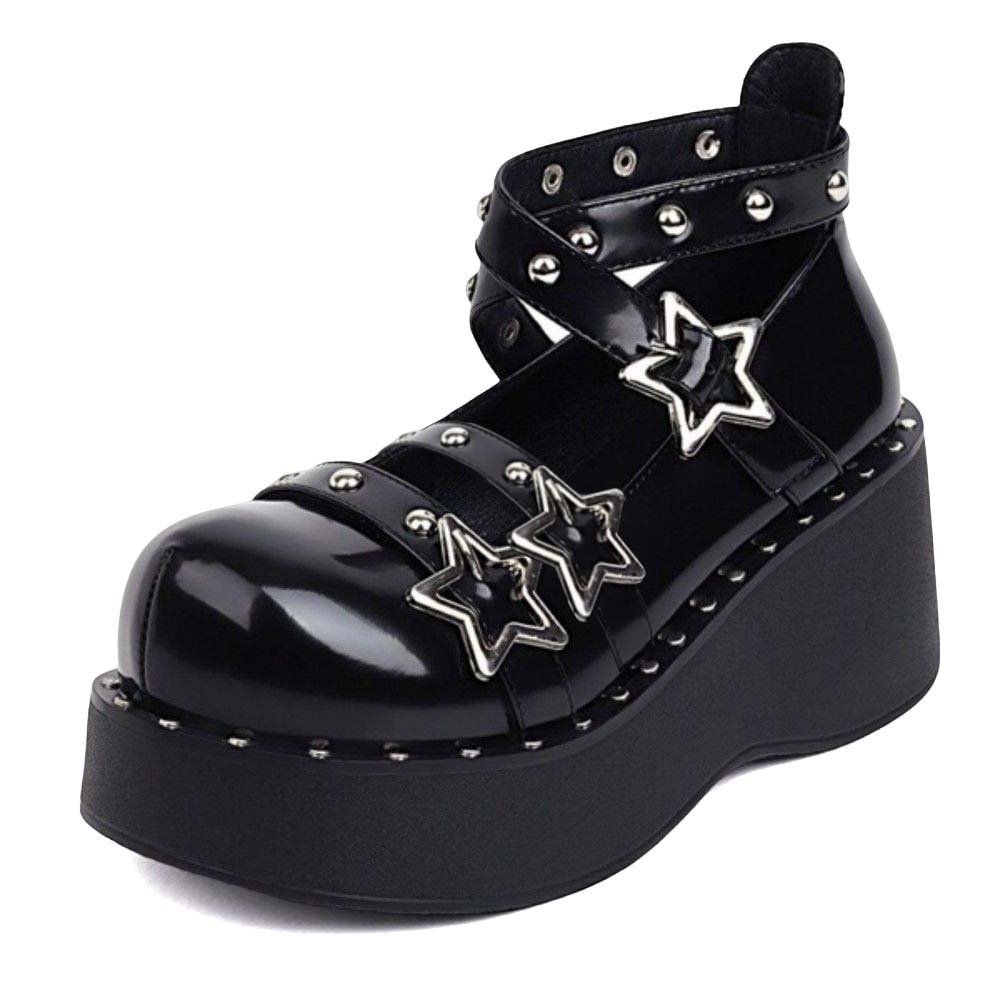 Full Black Flatform Mary Janes Buckle Ankle Strap Pumps with Studs Nicepairs