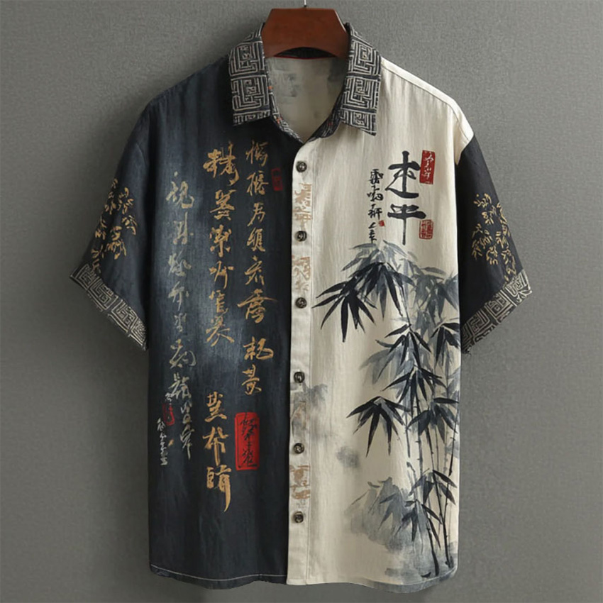 Comstylish Men's Retro Japanese Bamboo Calligraphy Art Print Linen Blend Short-sleeve Shirt