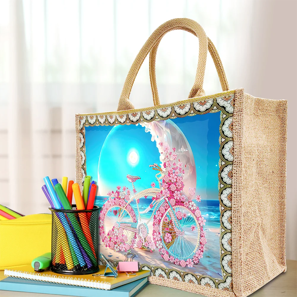 [Upgrade - Waterproof Bag]DIY Beach Bike Diamond Painting Tote Bag Replaceable Canvas for Women Adults