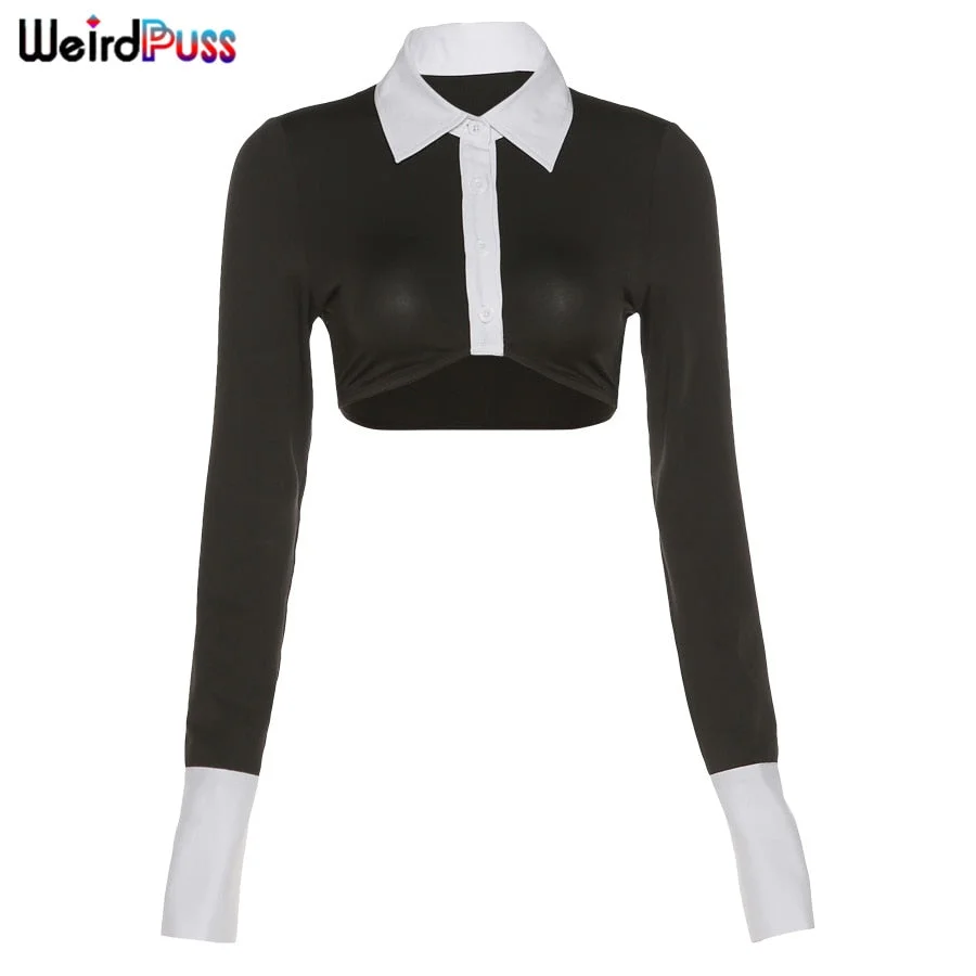 Weird Puss Y2K T-Shirt Women Patchwork Long Sleeve Tops Buttons Polo Neck Skinny Stretchy Tees Fashion Streetwear Autumn Clothes