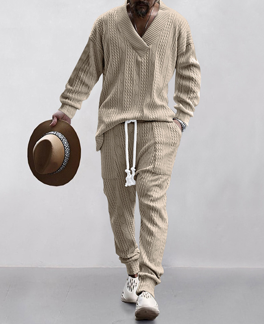 Solid V Neck Knitted Sweater & Drawstring Pants 2Pcs Set