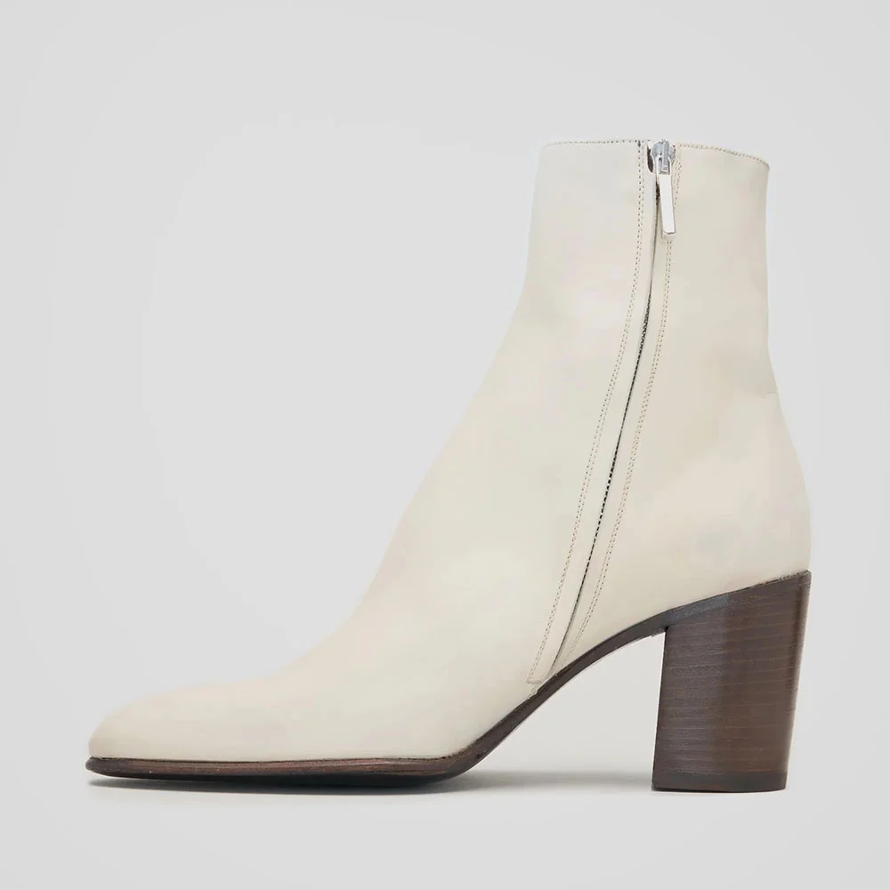 Versatile Ivory Chunky High Heel Zipper Short Booties for Women