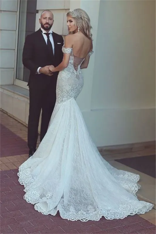 Chic Off-the-Shoulder Long Mermaid Wedding Dress with Lace