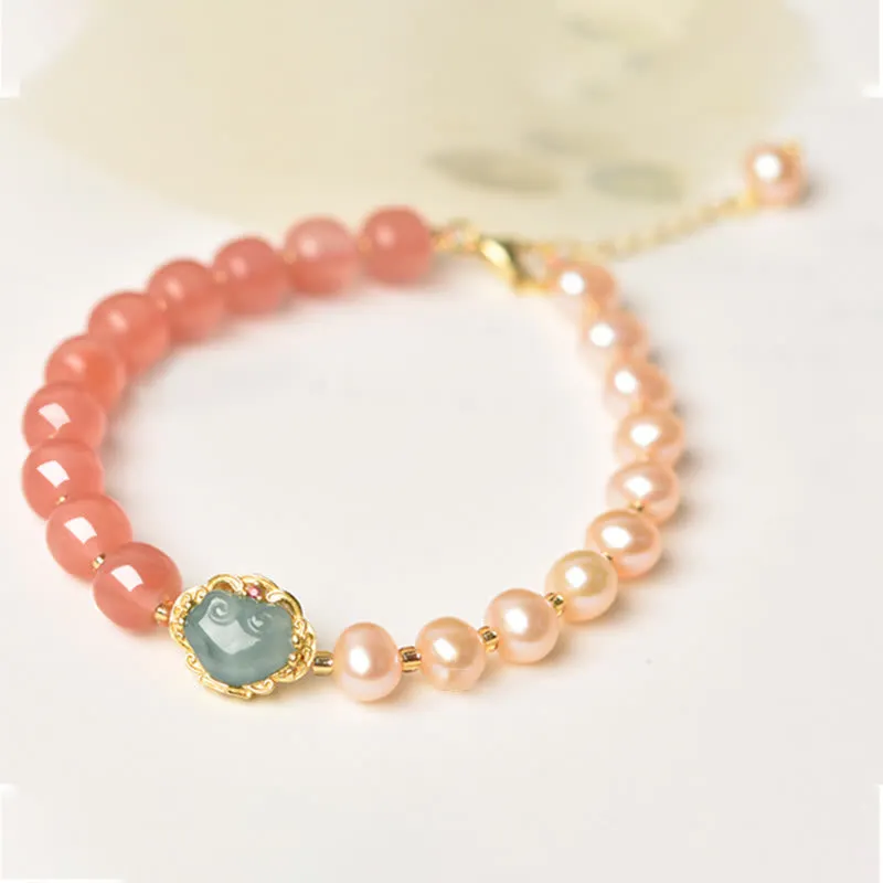 14K Gold Plated Natural Red Agate Pearl Jade Confidence Bracelet