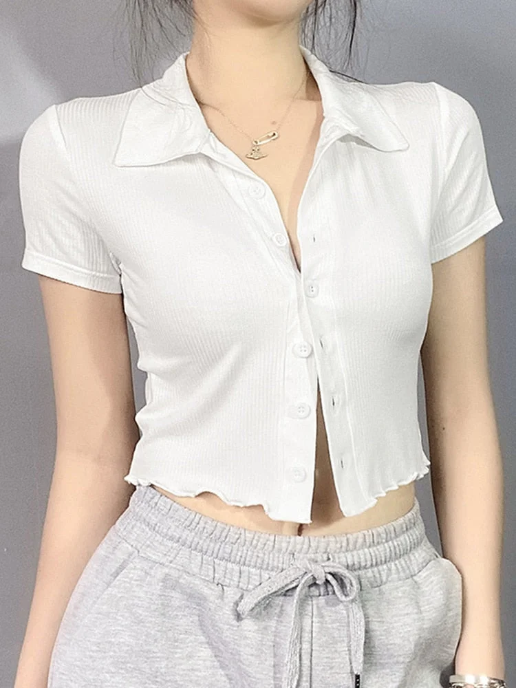 Rapcopter Single-Breasted Cardigans White Knitted Crop Top y2k Turn Down Collar T Shirt Short Sleeve Tshirt Women Harajuku Tee
