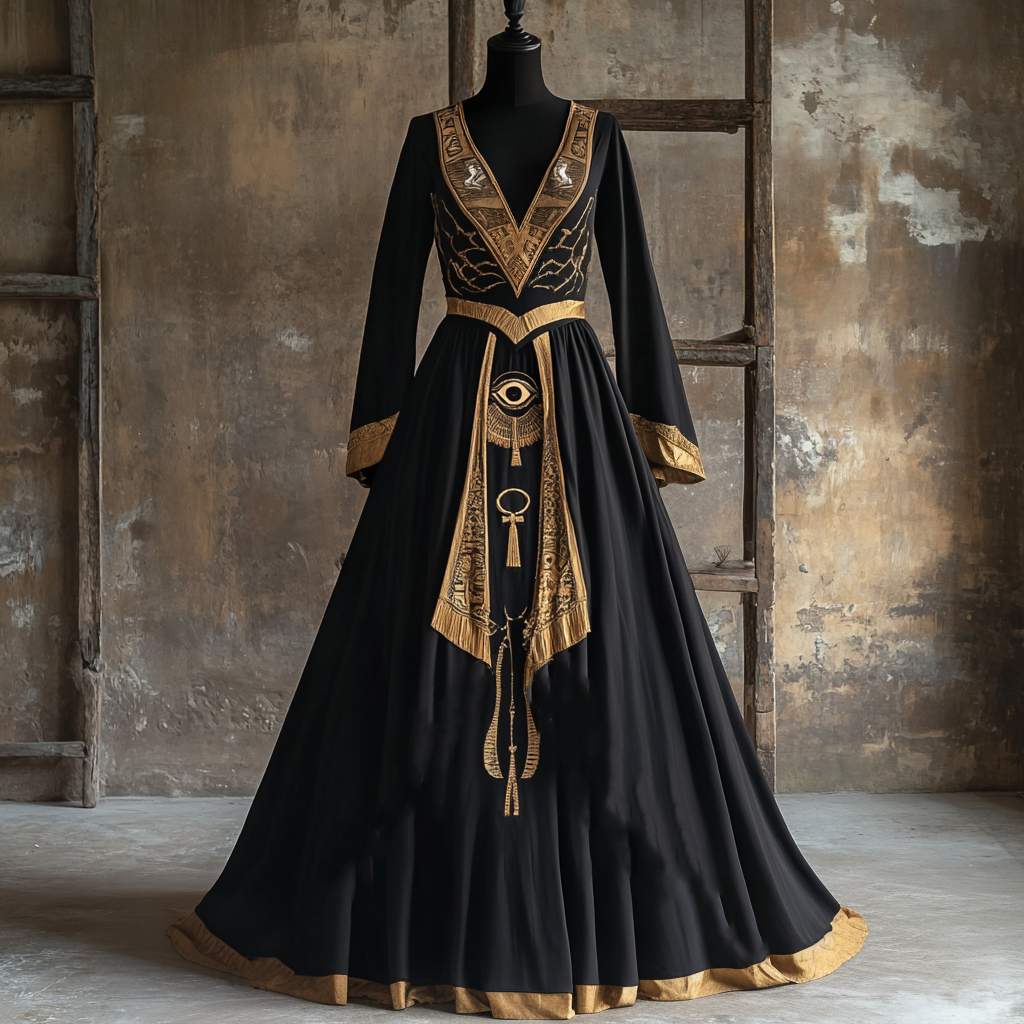 Women's Vintage Ancient Egyptian Symbol Art Cotton And Linen Long Sleeve Dress