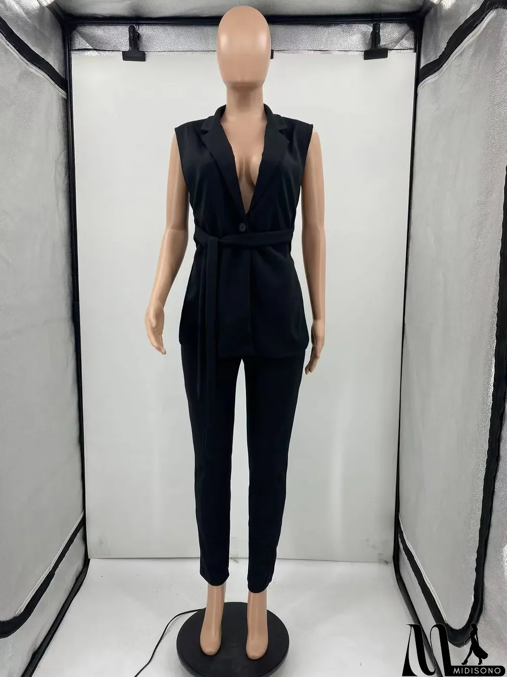 MidiSono - Solid Sleeveless Split Blazer Two Piece Sets