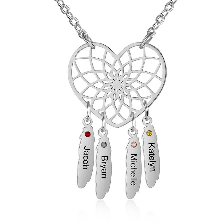 Heart Dream Catcher Necklace Custom 4 Names Birthstones Necklace for Her