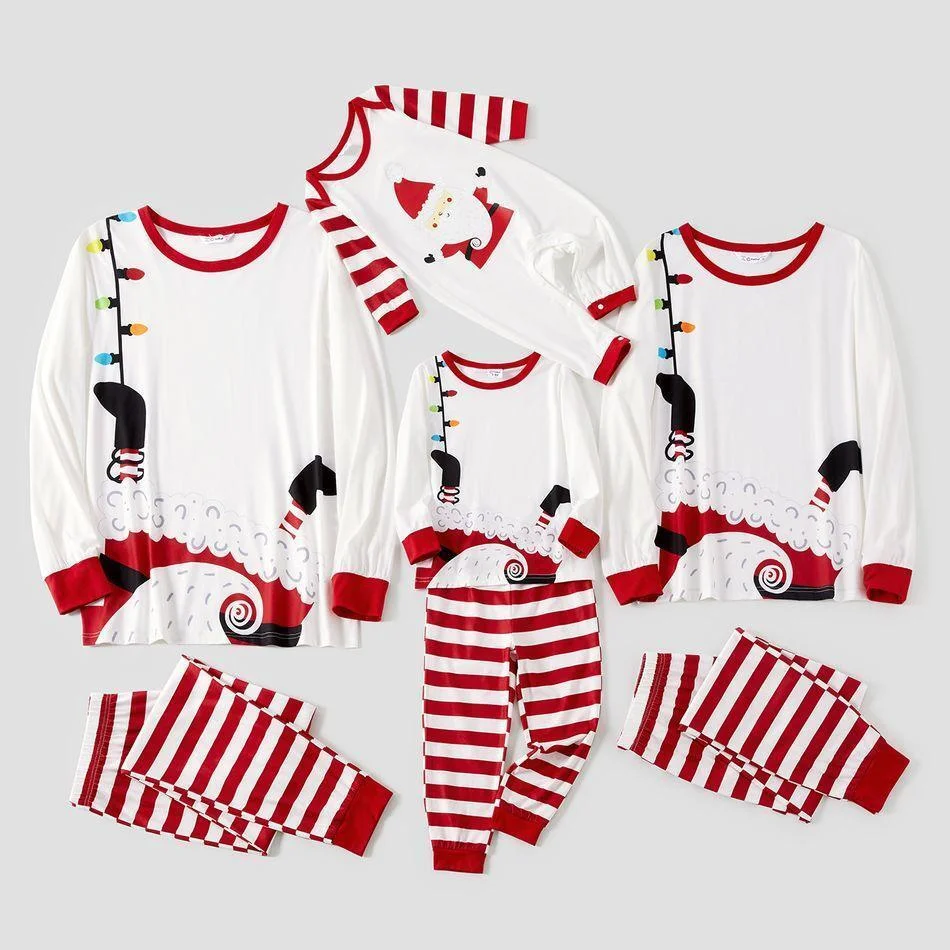 Christmas White and Red Stripe Print Family Matching Pajamas Sets(Flame Resistant)