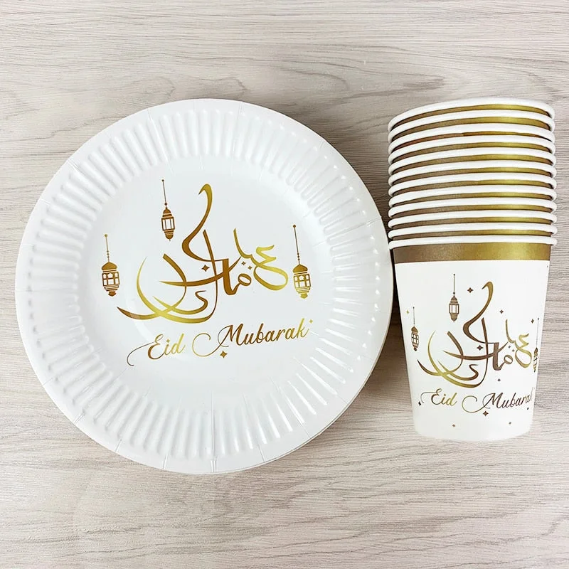 1set Eid Mubarak Disposable Tableware Paper Plates Cups for Ramadan Kareem Decoration Islamic Muslim Festival Party Supplies