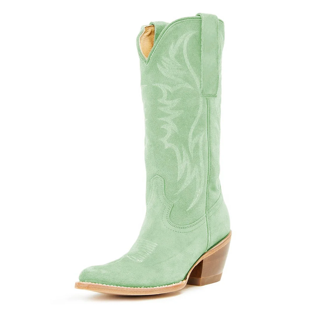 Light Green Vegan Suede Embroidered Cowgirl Boots with Pointed Toe