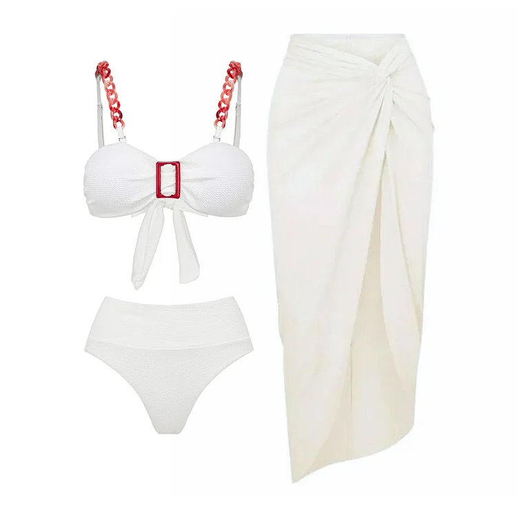 High Waist White Bikini Swimsuit and Sarong