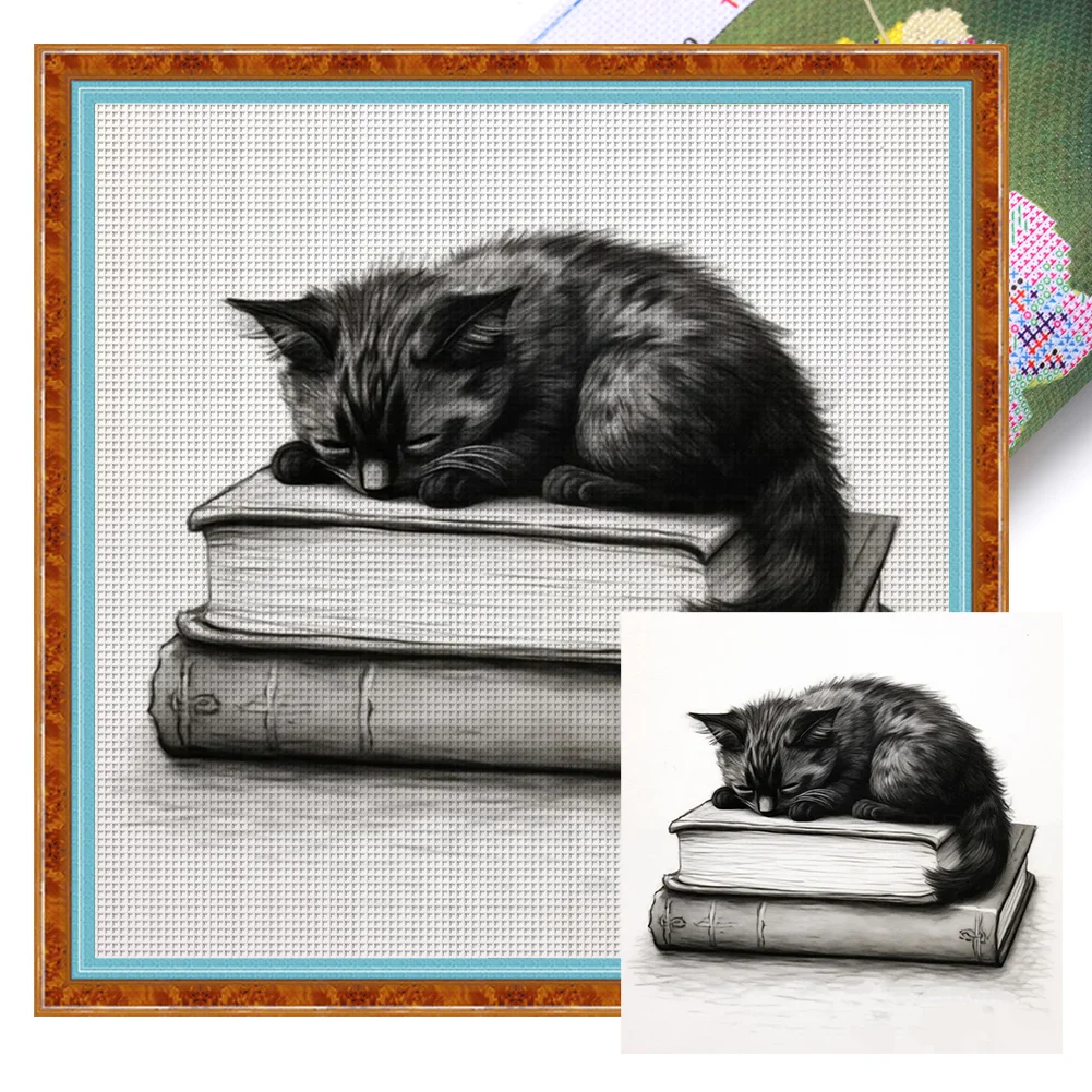 11CT Full Stamped Cross Stitch - Book Black Cat(Canvas|40*40CM)