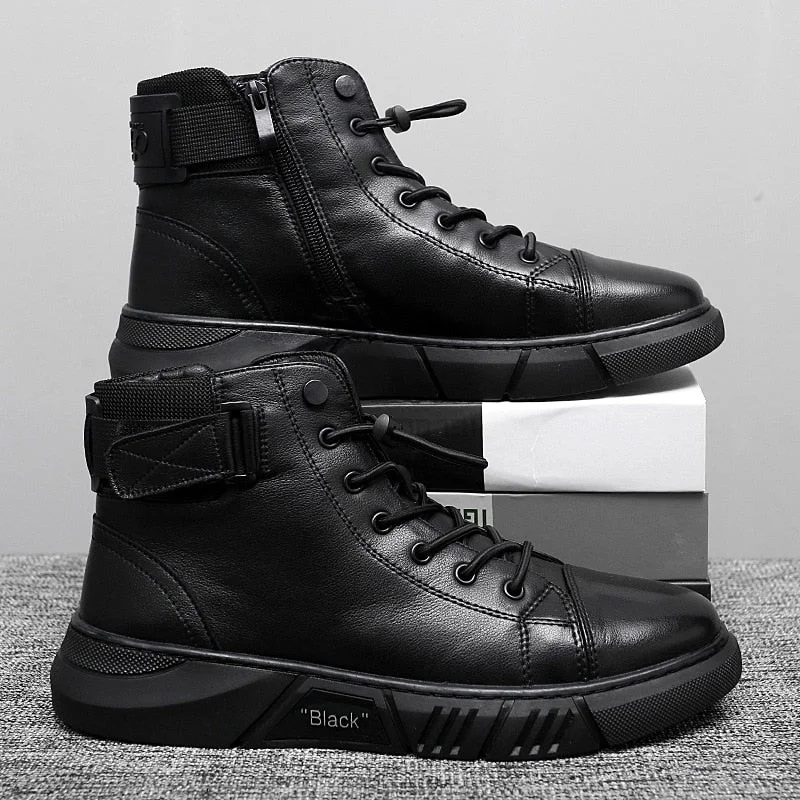 Aonga 2023 Ankle Boots Men Black PU Leather Shoes Autumn Winter Comfortable Platform Casual Shoes High-top 2023 Fashion Leahter Boots Man