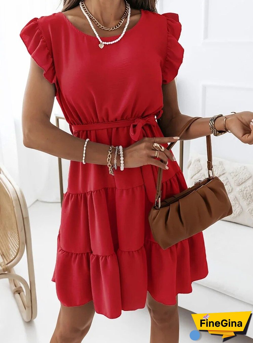 Summer Boho Dress Women Loose Round Neck Short Sleeve Solid Color Lace-Up Dress Vestido Feminino