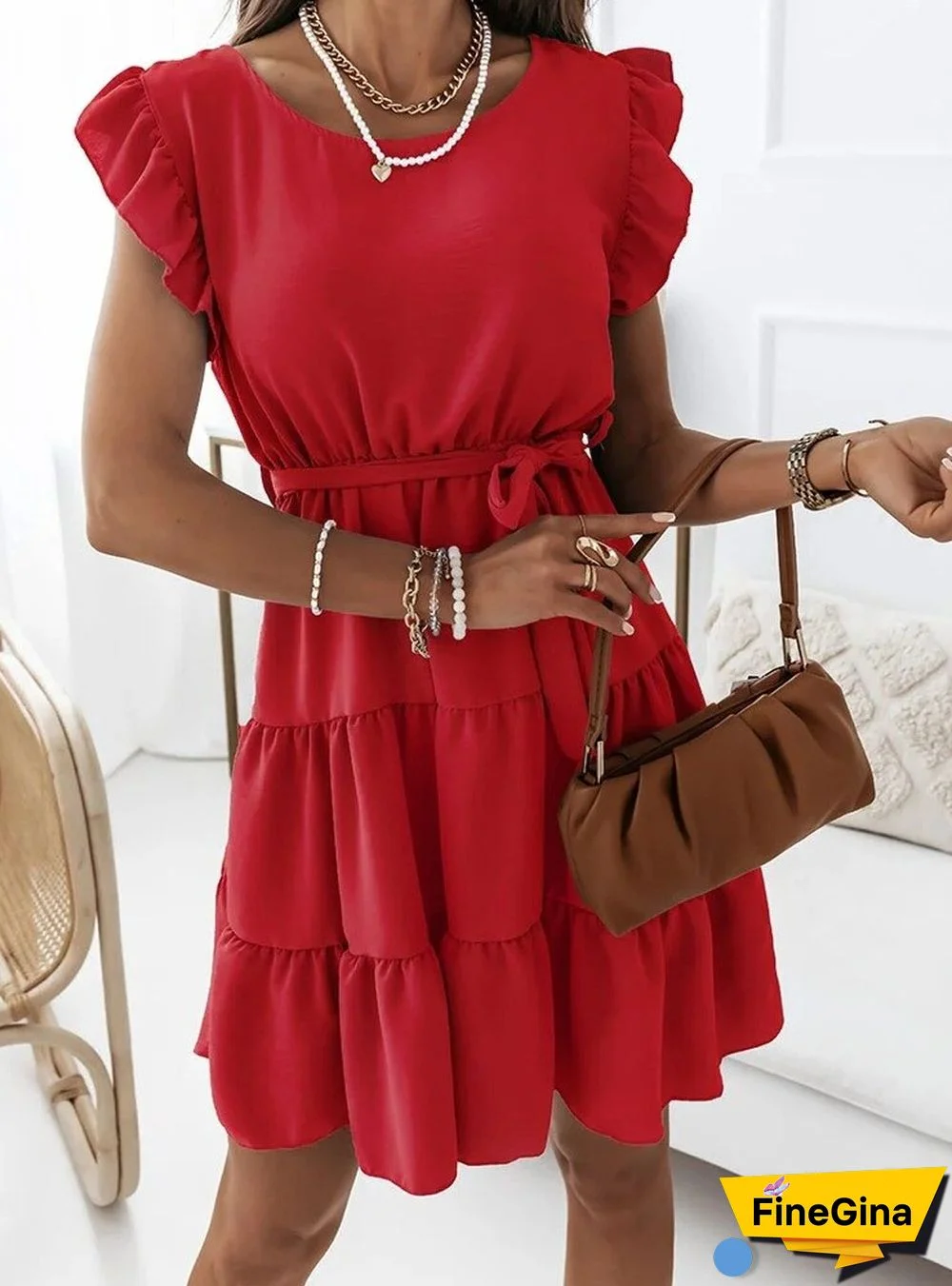 Summer Boho Dress Women Loose Round Neck Short Sleeve Solid Color Lace-Up Dress Vestido Feminino