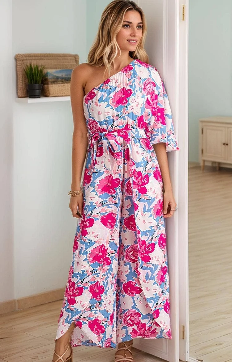 Floral Print Single Shoulder Drape Sleeve Belted Jumpsuit