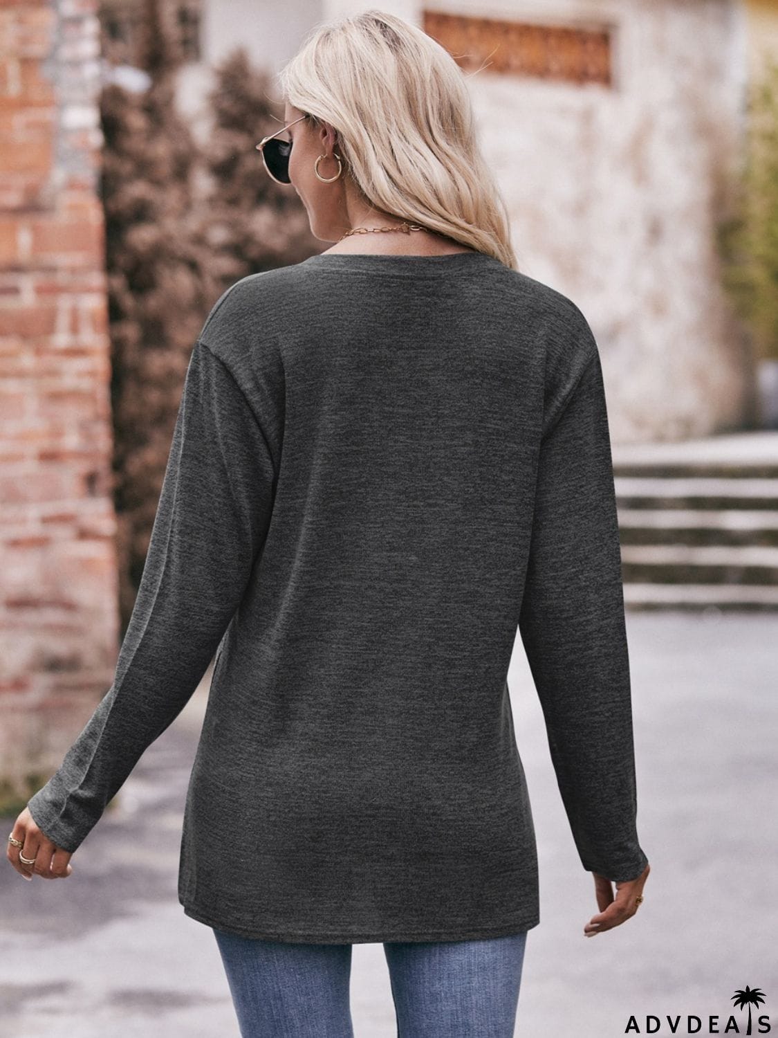 Buttoned Notched Neck Long Sleeve Top