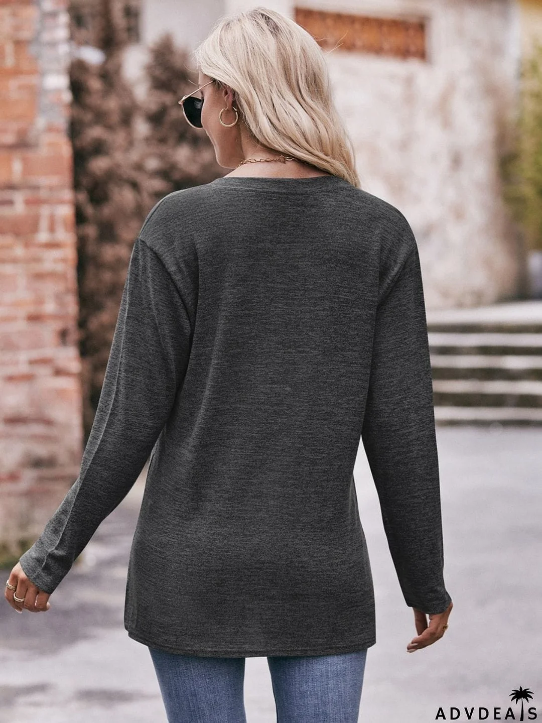 Buttoned Notched Neck Long Sleeve Top
