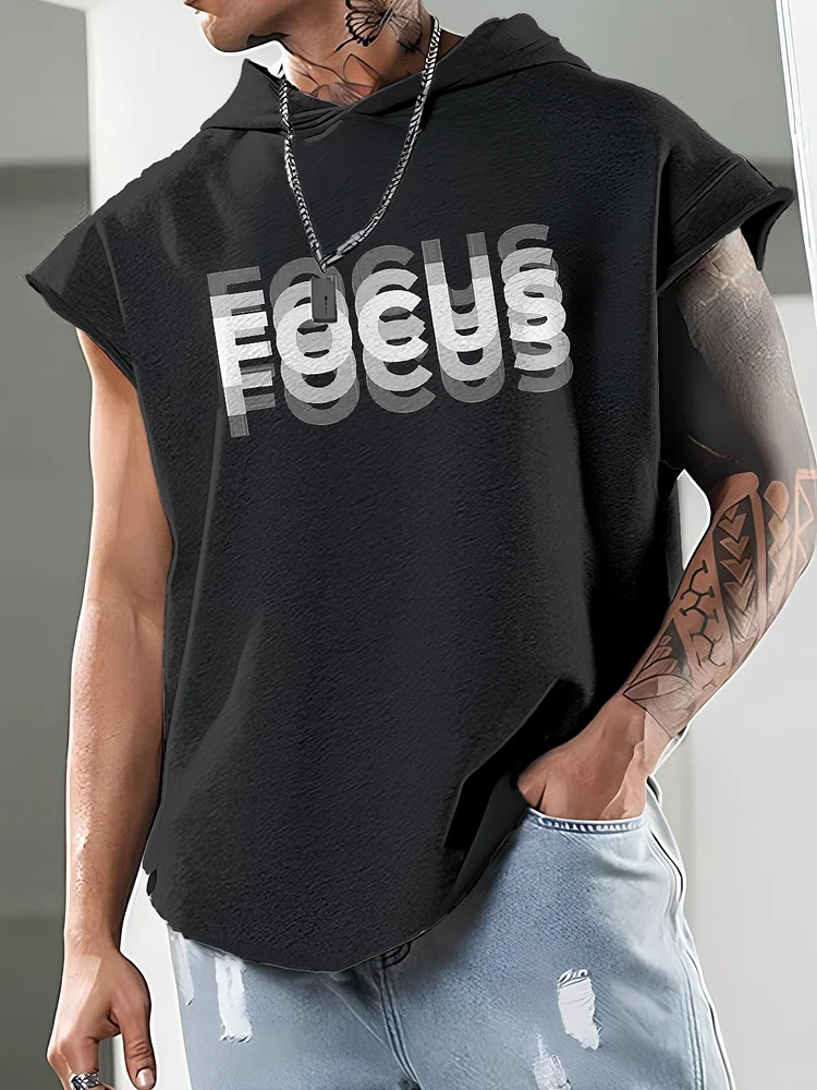Men's Focus Art Print Workout Hooded Tank Top