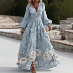 Women's Vintage Blue Floral Embroidery Long Sleeve Casual Maxi Dress - Image 2