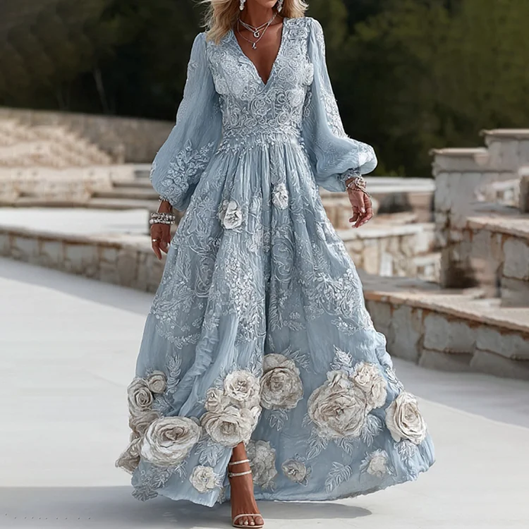 Women's Vintage Blue Floral Embroidery Long Sleeve Casual Maxi Dress